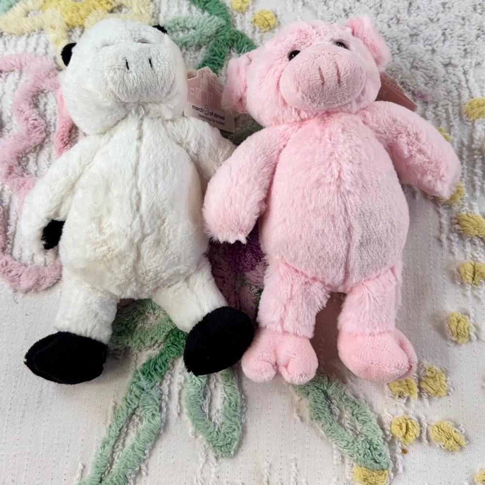 Plushland March of Dimes Bean Bag Plush Set Pink Pig White Cow Farm Animals 8"
